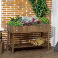 Outsunny 43.25" x 18" x 30" Raised Garden Bed, Wooden Plant Stand with 8 Grid Box, Storage Shelf for Outdoor, Dark Brown