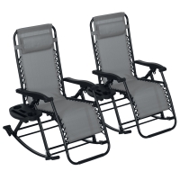 Outsunny 2 Outdoor Rocking Chairs Foldable Reclining Zero Gravity Lounge Rockers w/ Pillow Cup & Phone Holder, Gray