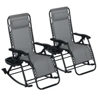 Outsunny 2 Outdoor Rocking Chairs Foldable Reclining Zero Gravity Lounge Rockers w/ Pillow Cup & Phone Holder, Gray(m-1)