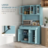 HOMCOM 71" Pantry Cabinet with Microwave Space, Buffet with Hutch, 2 Drawers, Adjustable Shelves and Glass Doors, Blue(m-4)