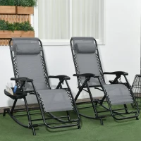 Outsunny 2 Outdoor Rocking Chairs Foldable Reclining Zero Gravity Lounge Rockers w/ Pillow Cup & Phone Holder, Gray(m-2)
