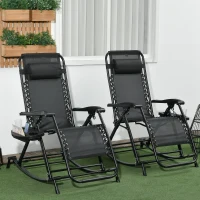 Outsunny 2 Outdoor Rocking Chairs Foldable Reclining Zero Gravity Lounge Rockers w/ Pillow Cup & Phone Holder, Black(m-2)