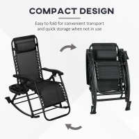 Outsunny 2 Outdoor Rocking Chairs Foldable Reclining Zero Gravity Lounge Rockers w/ Pillow Cup & Phone Holder, Black(m-4)