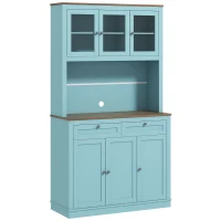 HOMCOM 71" Pantry Cabinet with Microwave Space, Buffet with Hutch, 2 Drawers, Adjustable Shelves and Glass Doors, Blue(m-2)