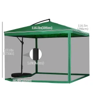 Outsunny Offset Patio Umbrella with Net and Umbrella Base, Adjustable Cantilever Canopy with Cross Base, Weight Plates and 8 Ribs for Backyard, Poolside, Garden, Green(m-3)