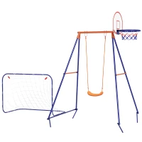 Outsunny Kids Swing Outdoor with Swing Seat, Basketball Hoop and Football Goal, Ground Stakes for 3-8 Years Old(m-2)