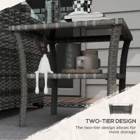 Outsunny Rattan Side Table, Outdoor End Table with Storage Shelf, Aluminum Frame Square, Coffee Table with Tempered Glass Top, Mixed Gray(m-5)