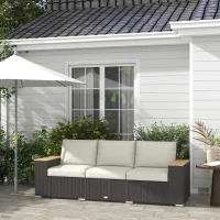 Outsunny 3-Seat Outdoor Patio Sofa with Cushions, PE Rattan Wicker Sofa with Wide Armrests, Outdoor Wicker Couch, Beige(m-2)