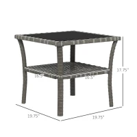 Outsunny Rattan Side Table, Outdoor End Table with Storage Shelf, Aluminum Frame Square, Coffee Table with Tempered Glass Top, Mixed Gray(m-3)