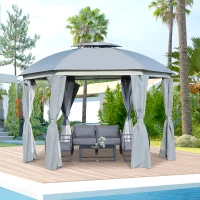Outsunny 12' x 12' Outdoor Gazebo Canopy, Dome Patio Gazebo Netting Sidewalls and Curtains, Double Vented Roof, Dark Grey(m-1)