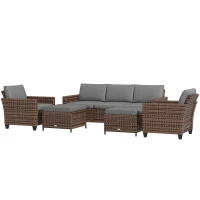 Outsunny 5-Piece Patio Furniture Set with PE Rattan Three-Seater Sofa, Armchairs, Footstools, Cushions, Mixed Brown(m-1)