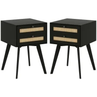 HOMCOM Boho Night Stands Set of 2, Bedside Tables with 2 Rattan Drawers, Square End Tables for Bedroom, Living Room(m-2)