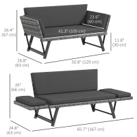 Outsunny Convertible Wicker Loveseat Grey Patio Chaise Lounge(m-3)