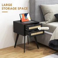 HOMCOM Boho Night Stands Set of 2, Bedside Tables with 2 Rattan Drawers, Square End Tables for Bedroom, Living Room(m-5)