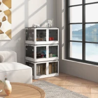 HOMCOM 18 Gal Stackable Storage Bins, 3-Pack Collapsible Closet Organizer with Lids, Mobile Plastic Drawer Container with 5-Sided Access for Clothes, Blankets, White(m-1)