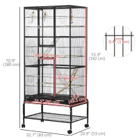 PawHut 71" Bird Cage with Wheels Perches, Ramp, Storage Shelf, Toys for Canaries, Finches, Cockatiels, Parakeets, Black(m-3)