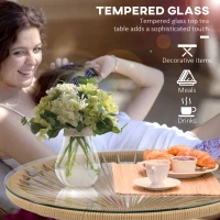 Outsunny Rattan Side Table, Round Outdoor Table, with Round PE Rattan and Tempered Glass Table Top for Patio, Garden, Beige(m-4)