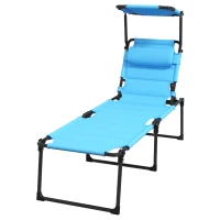 Outsunny Outdoor Lounge Chair, 4 Position Adjustable Backrest, Folding, Cushioned w/ Sun Shade Roof & Pillow, Blue(m-1)