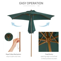 Outsunny 8FT Wood Market Umbrella Patio Umbrella Round Garden Parasol Canopy with Bamboo Ribs and Top Vent, Dark Green(m-5)