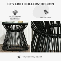Outsunny Round End Table, Rattan Side Table, Hollow Drum Design Coffee Table w/ Glass Tabletop for Patio, Garden, Balcony, Black(m-5)