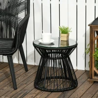 Outsunny Round End Table, Rattan Side Table, Hollow Drum Design Coffee Table w/ Glass Tabletop for Patio, Garden, Balcony, Black(m-1)