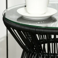 Outsunny Round End Table, Rattan Side Table, Hollow Drum Design Coffee Table w/ Glass Tabletop for Patio, Garden, Balcony, Black(m-7)