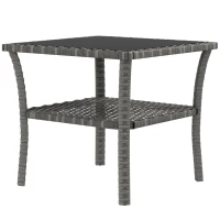 Outsunny 20" Patio Wicker Coffee Table, Outdoor PE Rattan Two-tier Side Table with Glass Top, for Patio, Garden, Balcony, Mixed Grey(m-2)