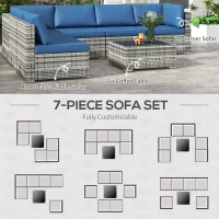 Outsunny 7pc Garden Wicker Sectional Set w/ Tea Table Patio Rattan Lounge Sofa Outdoor Deck Furniture Blue(m-6)