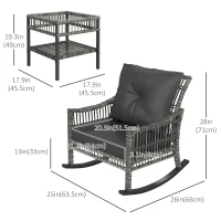 Outsunny 3 Pieces Outdoor PE Rattan Rocker Chair Set, Rocking Chair with Tempered Glass Table Top,25"x26"x28", Mixed Grey(m-3)