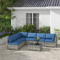 Outsunny 7pc Garden Wicker Sectional Set w/ Tea Table Patio Rattan Lounge Sofa Outdoor Deck Furniture Blue(m-8)