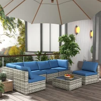 Outsunny 7pc Garden Wicker Sectional Set w/ Tea Table Patio Rattan Lounge Sofa Outdoor Deck Furniture Blue(m-10)