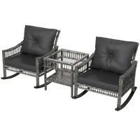 Outsunny 3 Pieces Outdoor PE Rattan Rocker Chair Set, Rocking Chair with Tempered Glass Table Top,25"x26"x28", Mixed Grey(m-2)