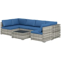 Outsunny 7pc Garden Wicker Sectional Set w/ Tea Table Patio Rattan Lounge Sofa Outdoor Deck Furniture Blue(m-2)