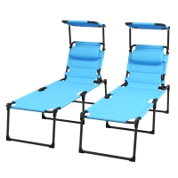 Outsunny 2 Pcs Outdoor Lounge Chair, 4 Position Adjustable Backrest, Folding, Cushioned w/ Sun Shade Roof & Pillow, Blue