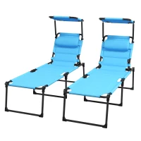 Outsunny 2 Pcs Outdoor Lounge Chair, 4 Position Adjustable Backrest, Folding, Cushioned w/ Sun Shade Roof & Pillow, Blue(m-1)