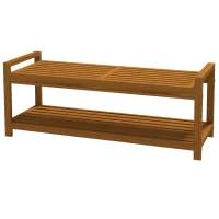 Outsunny Garden Stool with Storage Shelf, Slatted Seat for Indoor Conservatory, Garden, Poolside, Deck, Teak(m-2)