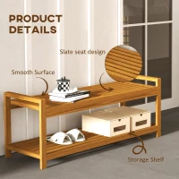 Outsunny Garden Stool with Storage Shelf, Slatted Seat for Indoor Conservatory, Garden, Poolside, Deck, Teak(m-6)