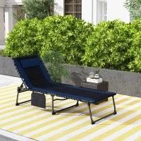 Outsunny Folding Chaise Lounge w/ 5-level Reclining Back, Outdoor Tanning Chair Lounge Chair w/ Padded Seat, Side Pocket, Headrest, Carry Strap, for Beach, Yard, Patio, Blue(m-1)
