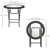 Outsunny Folding Round Tempered Glass Metal Table with Edging, Black(m-3)