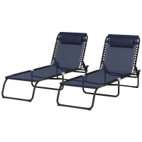 Outsunny 2 Folding Chaise Lounge Pool Chairs with 4-Position Reclining Back, Pillow, Breathable Mesh & Bungee Seat, Dark Blue