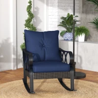 Outsunny Outdoor Wicker Rocking Chair with Padded Cushions, Aluminum Furniture, Rattan Porch Rocker Chair w/ Armrest, Navy Blue(m-2)