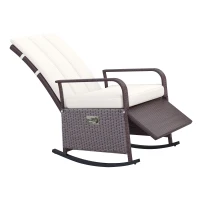 Outsunny Outdoor Wicker Rocking Chair with Cushion, Patio PE Rattan Recliner Chair with Adjustable Footrest, Armrests, Cream White(m-2)