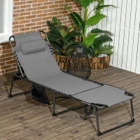 Outsunny Folding Chaise Tanning Lounge Chair w/ 5-level Reclining Back, Reading Hole, Side Pocket, Headrest, Gray(m-2)