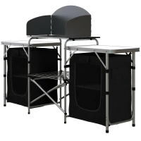 Outsunny Aluminum Camping Table, Folding Camping Kitchen with Windshield, Cupboards and Carrying Bag, for BBQ Camp Party Picnic(m-2)