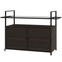 Outsunny 2-Tier Shelf PE Rattan Outdoor Bar Table, Glass Top Patio Serving Cart with Cabinet, Mixed Brown(m-1)