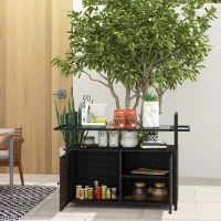 Outsunny 2-Tier Shelf PE Rattan Outdoor Bar Table, Glass Top Patio Serving Cart with Cabinet, Mixed Brown(m-2)