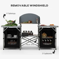 Outsunny Aluminum Camping Table, Folding Camping Kitchen with Windshield, Cupboards and Carrying Bag, for BBQ Camp Party Picnic(m-6)