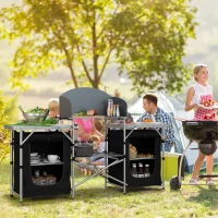 Outsunny Aluminum Camping Table, Folding Camping Kitchen with Windshield, Cupboards and Carrying Bag, for BBQ Camp Party Picnic(m-1)