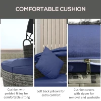 Outsunny 4 Piece Round Rattan Daybed Furniture Set, Canopy, Outdoor Sofa, 2 Chairs, Extending Table Ottoman Chair, Pillows, Blue(m-4)