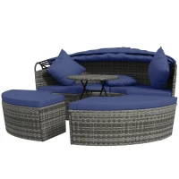 Outsunny 4 Piece Round Rattan Daybed Furniture Set, Canopy, Outdoor Sofa, 2 Chairs, Extending Table Ottoman Chair, Pillows, Blue(m-1)
